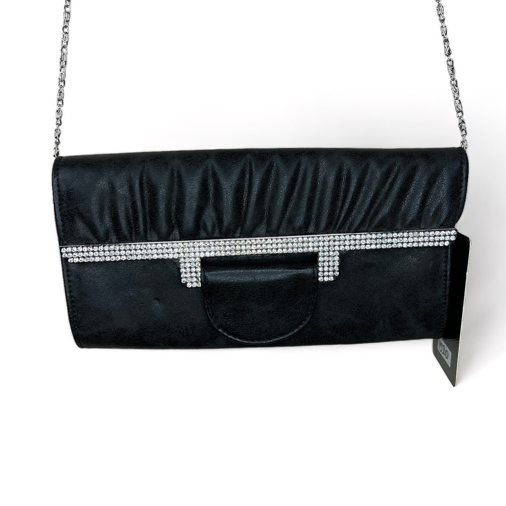 NEW MMS Black Faux Leather Rhinestone Accent Clutch Purse Silver Chain Strap